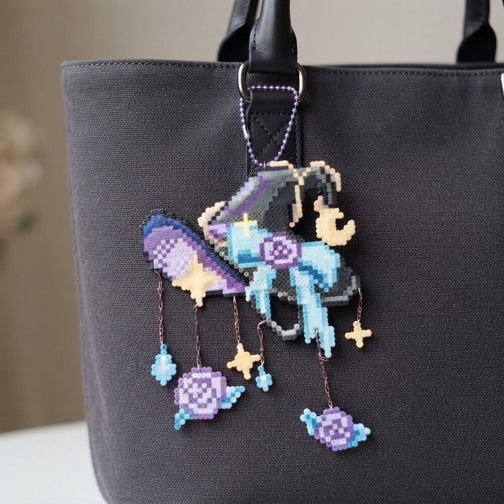 Handmade Perler Bead Witch Hat Charm Kawaii Anime Cute Bag Clip Keychain Decor